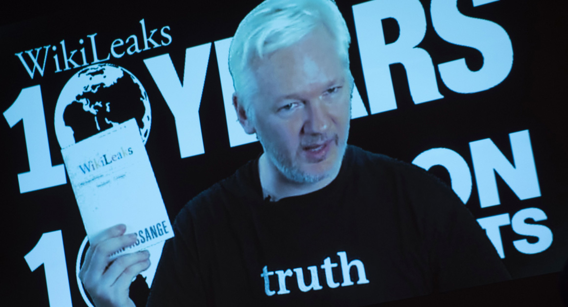 Julian Assange, founder of WikiLeaks, addresses journalists via a live video connection Oct. 4, 2016.