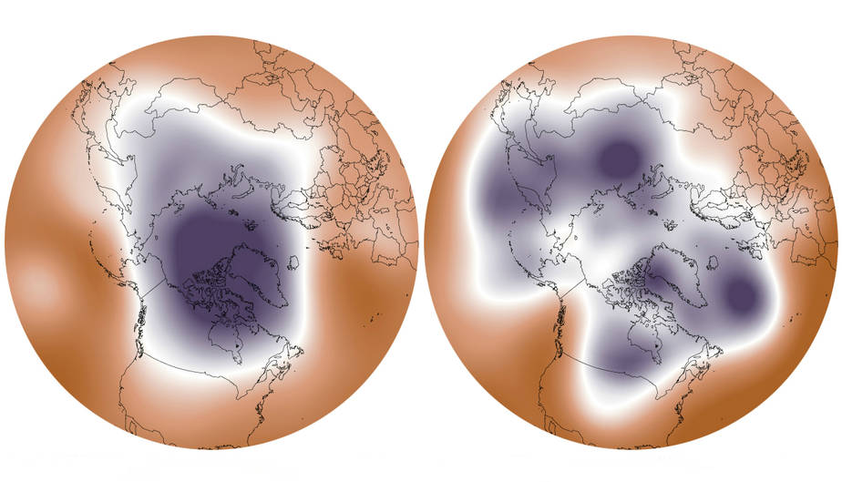 A strong versus weakened polar vortex. Credit: NOAA