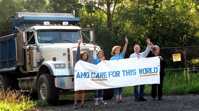 Large trucks attempting to leave the facility were blocked at both the north and south gates of the Crestwood property shortly after 7 a.m. Photo credit: We Are Seneca Lake 